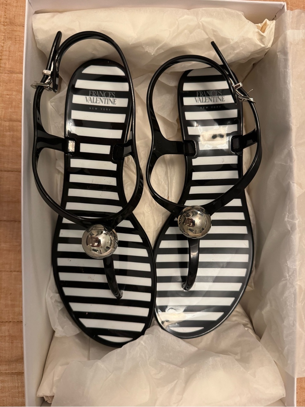 Frances Valentine - Virginia B&W Striped Jelly Thong Sandals with Silve